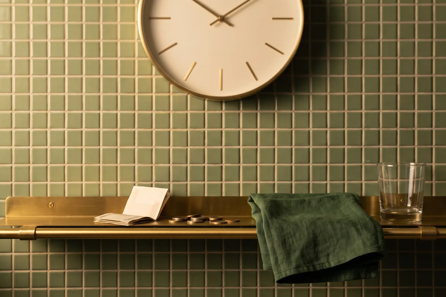 A plain wall clock above a brass bar shelf holding folded notes, coins, a green towel and an empty glass, against green tiles