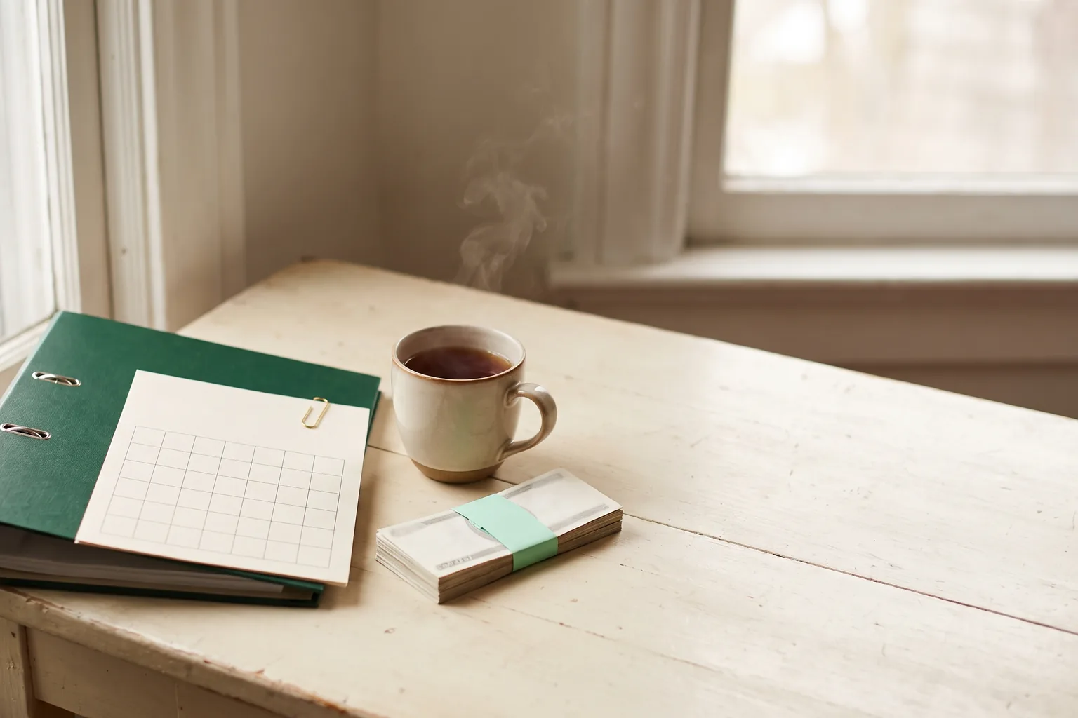 A green ring binder, a blank calendar page, a mug of tea and a banded stack of notes on a kitchen table in morning light