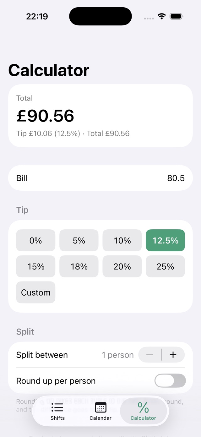 Tillside tip calculator with a bill amount, tip percentage buttons and a split-between stepper