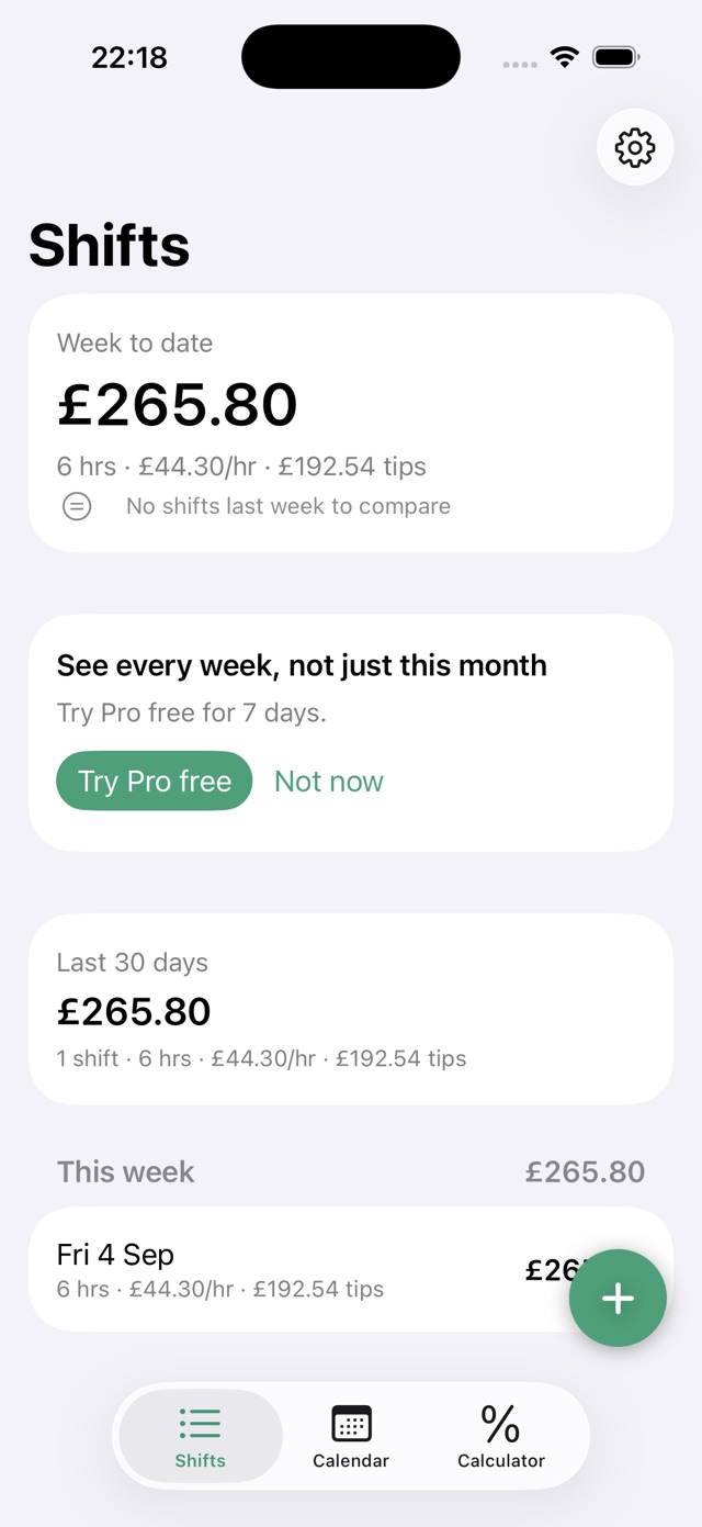 Tillside Shifts screen showing week-to-date earnings, hours and hourly rate, with a subtotal for the week and one row per shift
